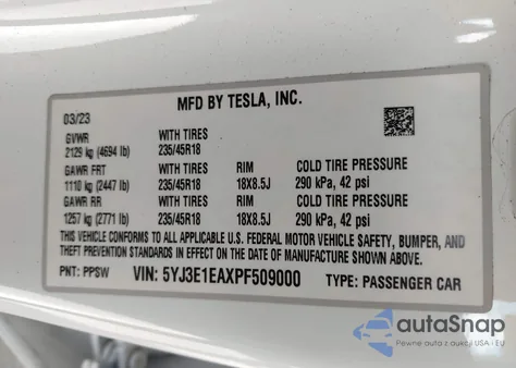 2023 Tesla Model 3 Rear-Wheel Drive from USA, damaged, VIN 5YJ3E1EAXPF509000